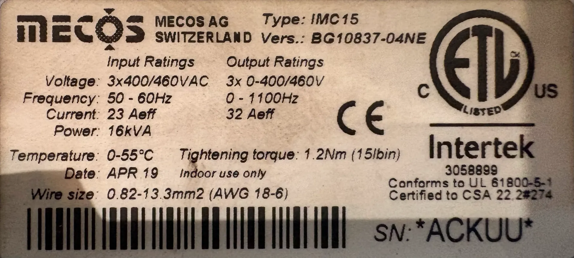 MECOS IMC15 Frequenzumrichter BG10837-04NE